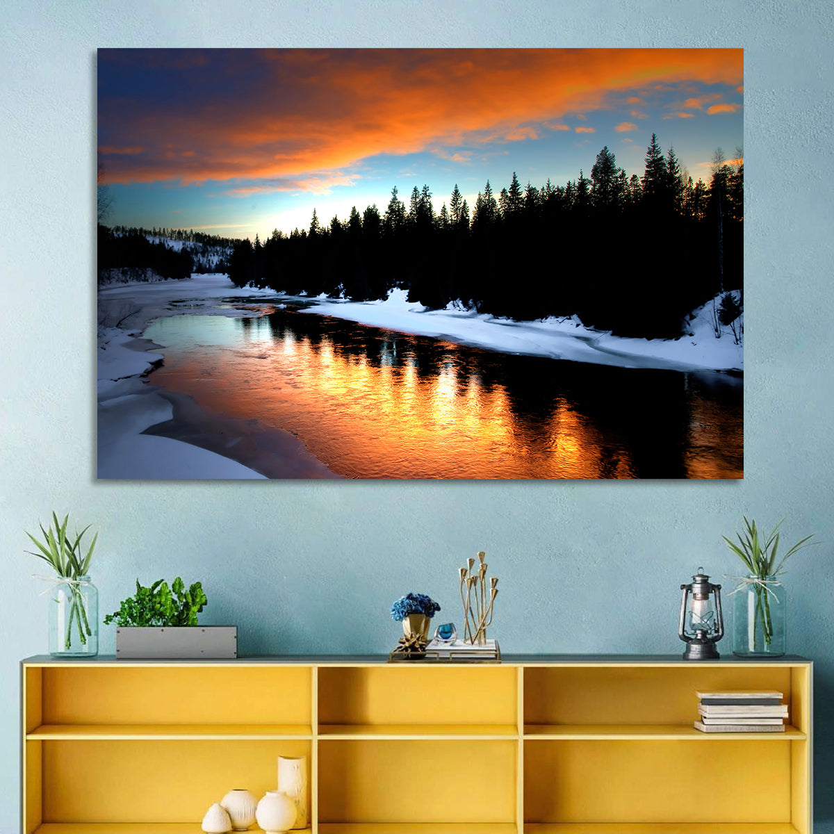 Golden Sunset Over Snowy River Wall Art in a room, landscape
