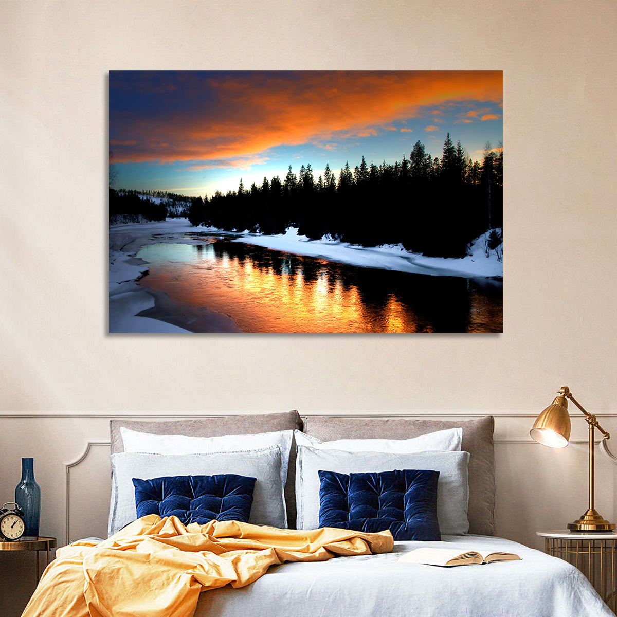Golden Sunset Over Snowy River Wall Art in a room, landscape