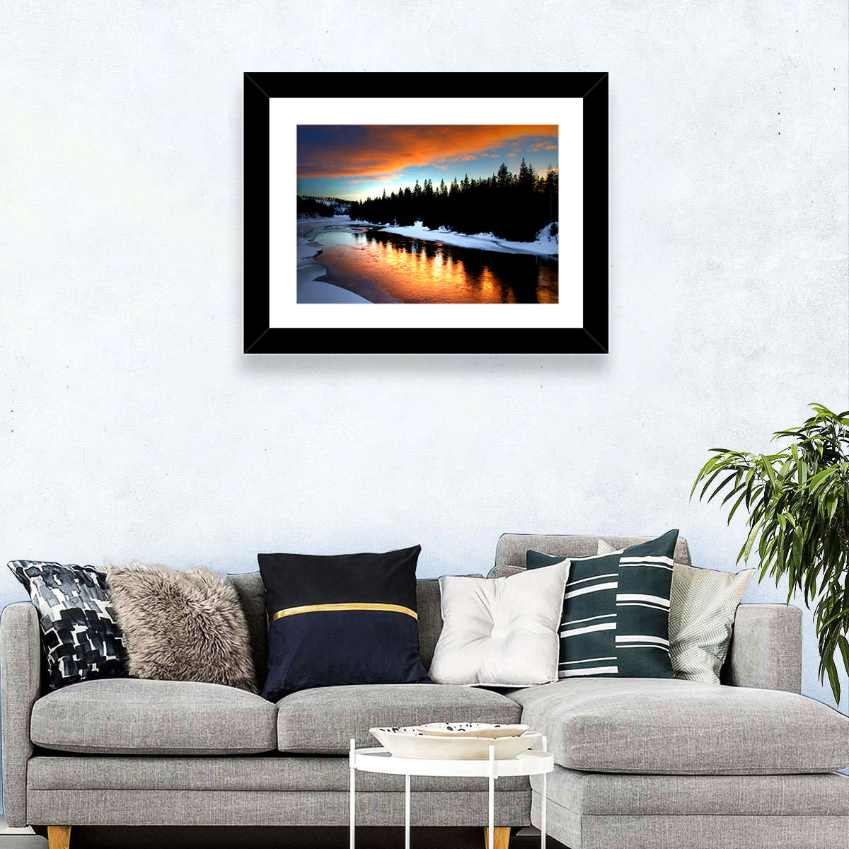 Golden Sunset Over Snowy River Wall Art in a room, landscape