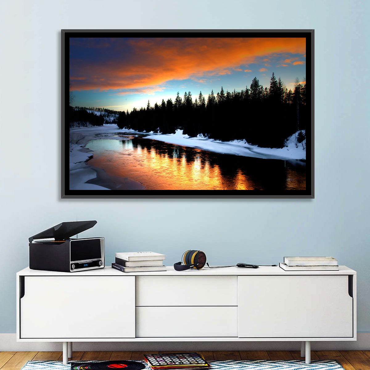 Golden Sunset Over Snowy River Wall Art in a room, landscape