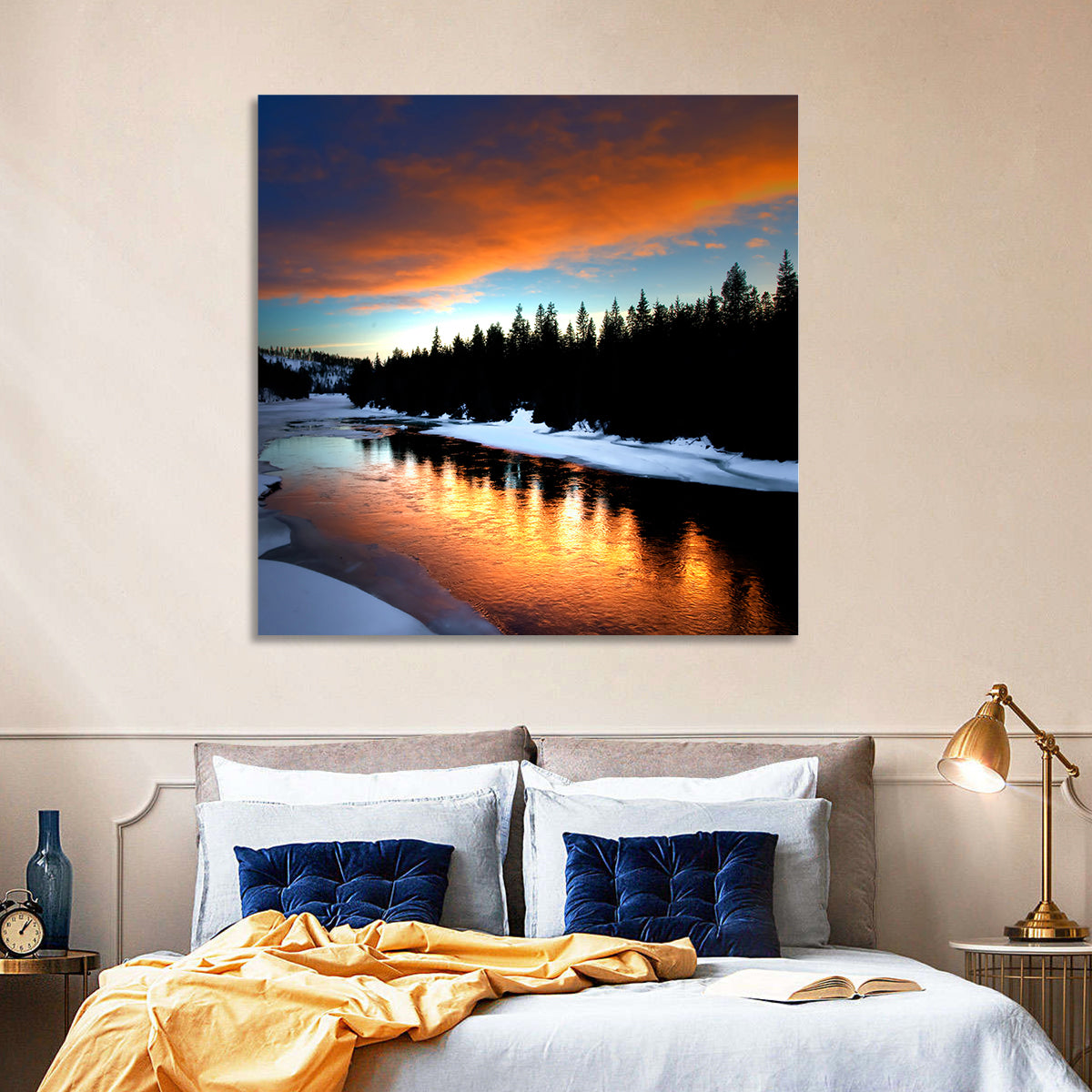 Golden Sunset Over Snowy River Wall Art in a room, landscape