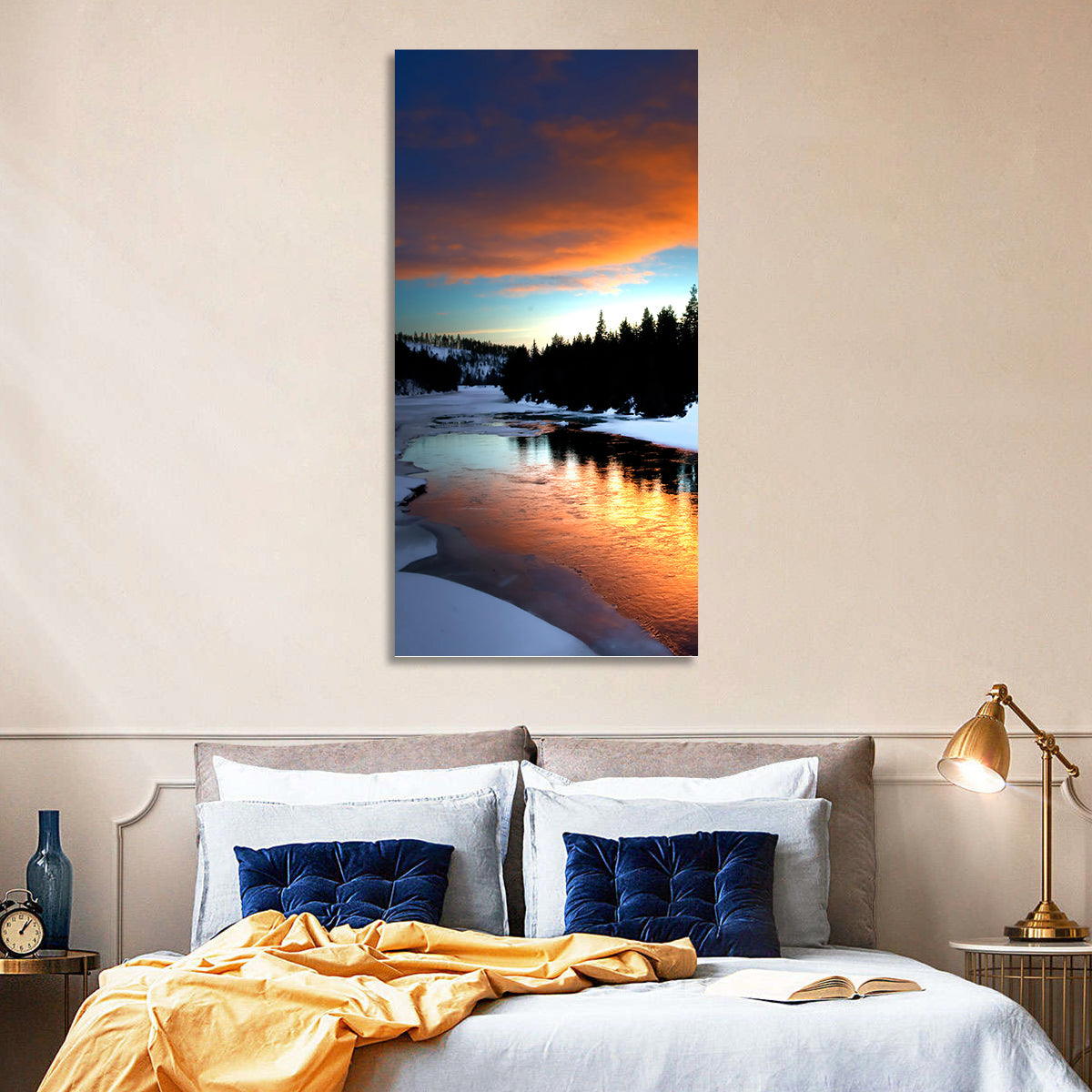 Golden Sunset Over Snowy River Wall Art in a room, landscape