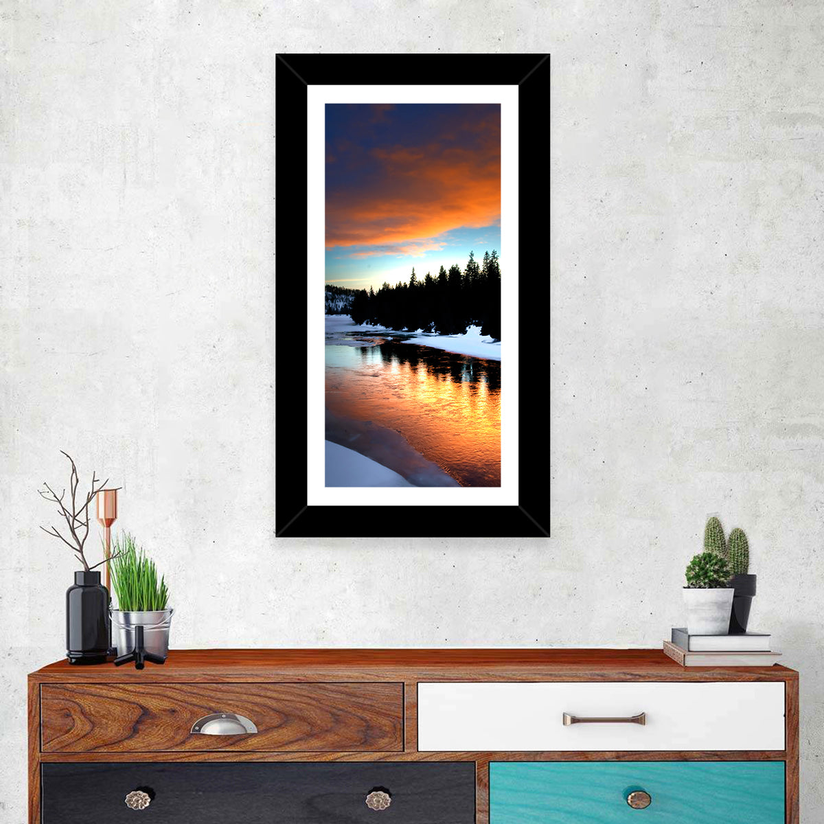 Golden Sunset Over Snowy River Wall Art in a room, landscape
