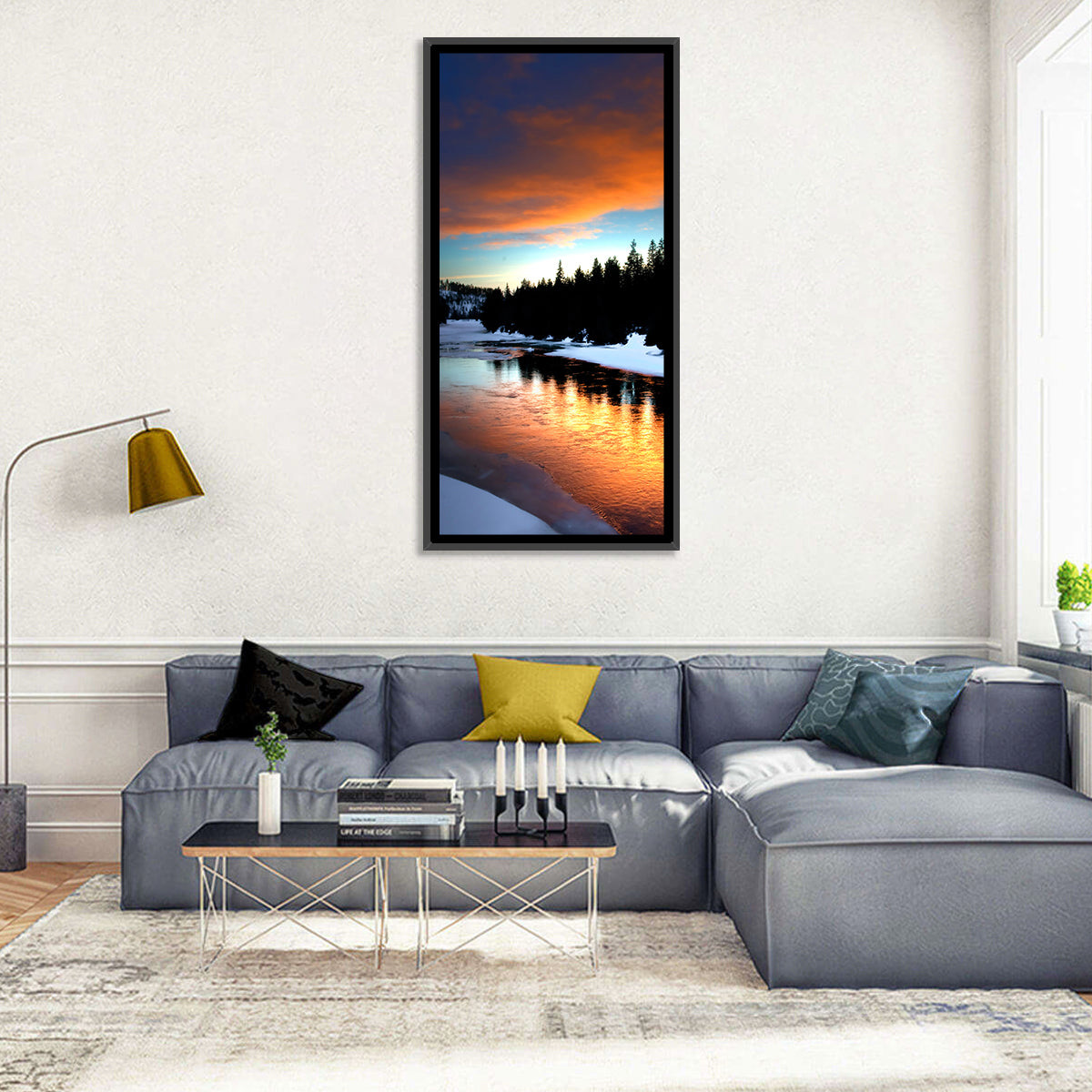 Golden Sunset Over Snowy River Wall Art in a room, landscape
