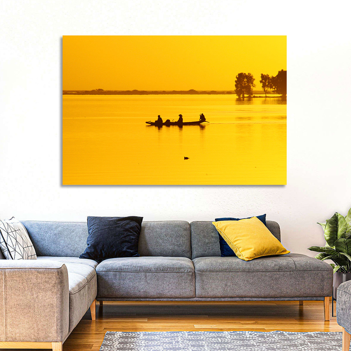 Pirogue at Golden Dusk Wall Art in a room, landscape