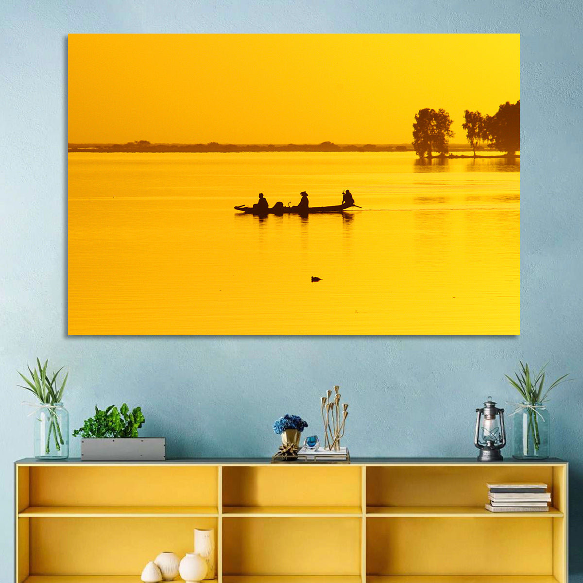 Pirogue at Golden Dusk Wall Art in a room, landscape