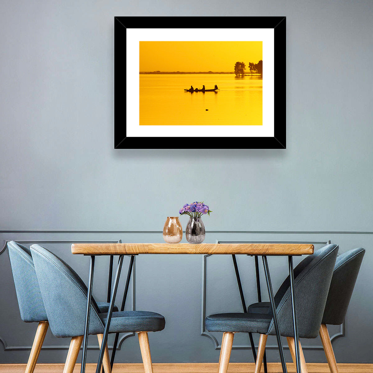 Pirogue at Golden Dusk Wall Art in a room, landscape