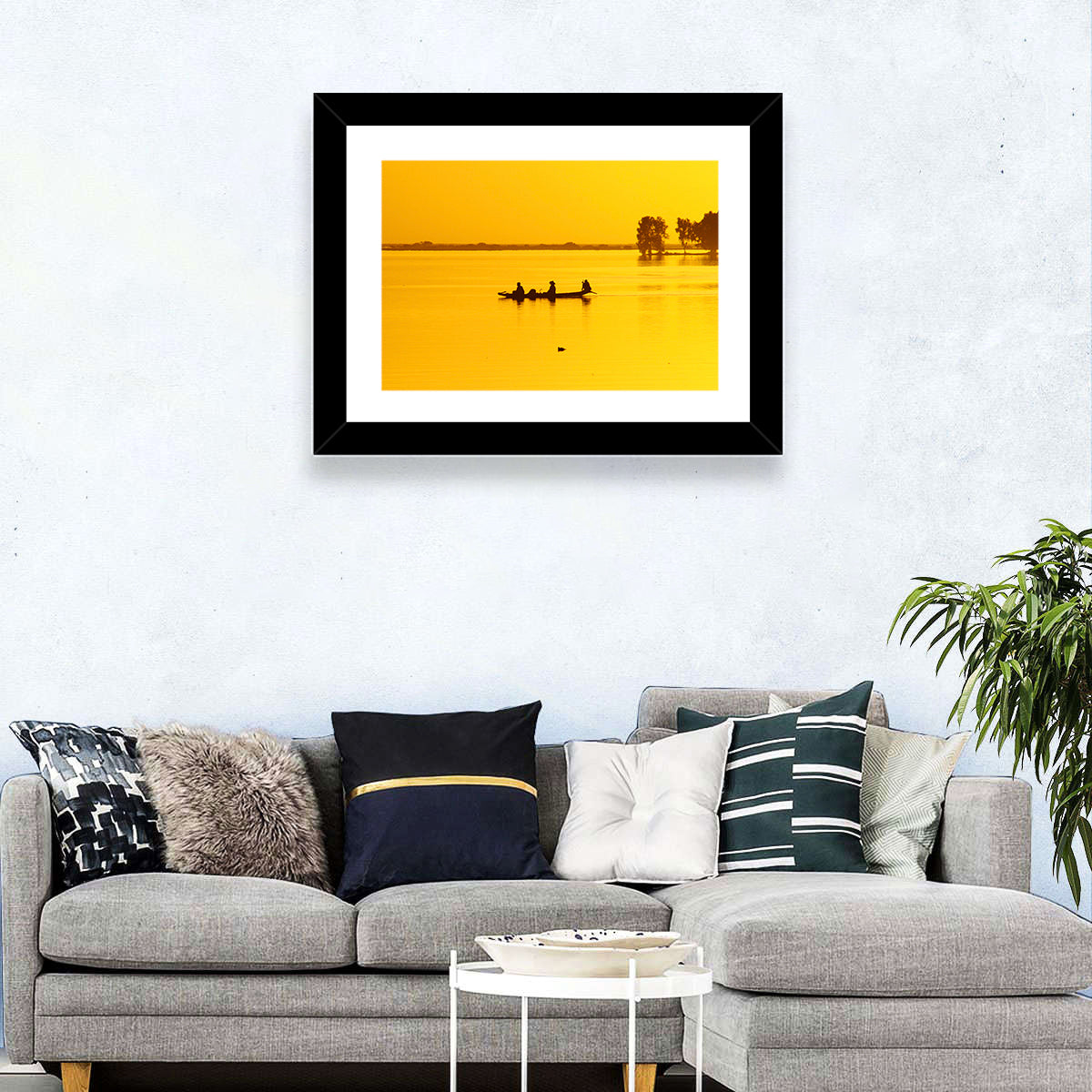 Pirogue at Golden Dusk Wall Art in a room, landscape