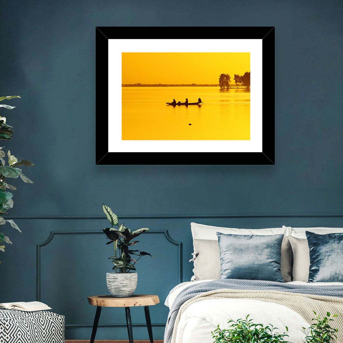 Pirogue at Golden Dusk Wall Art in a room, landscape
