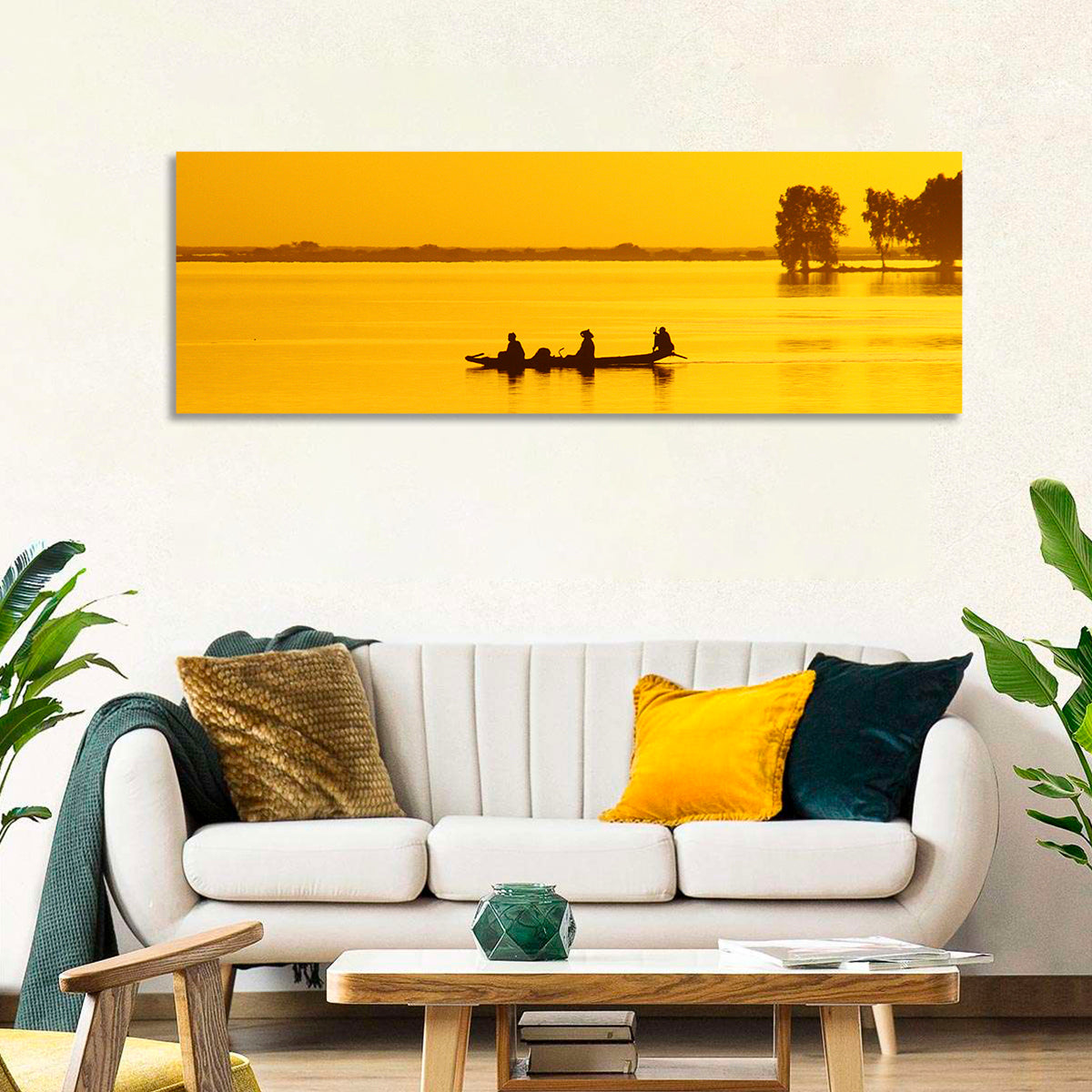 Pirogue at Golden Dusk Wall Art in a room, landscape