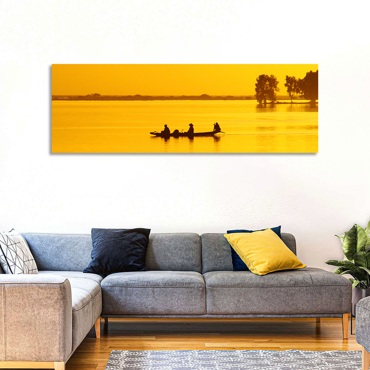 Pirogue at Golden Dusk Wall Art in a room, landscape