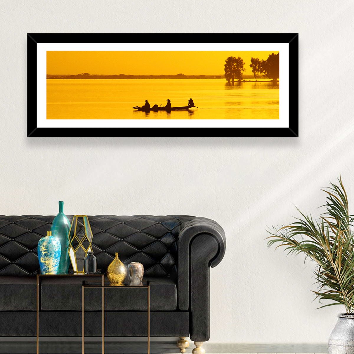 Pirogue at Golden Dusk Wall Art in a room, landscape