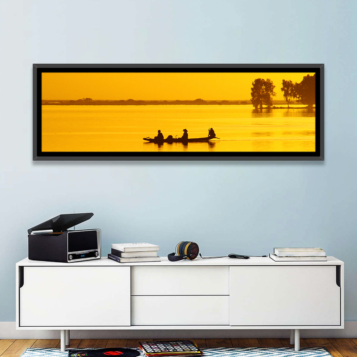 Pirogue at Golden Dusk Wall Art in a room, landscape