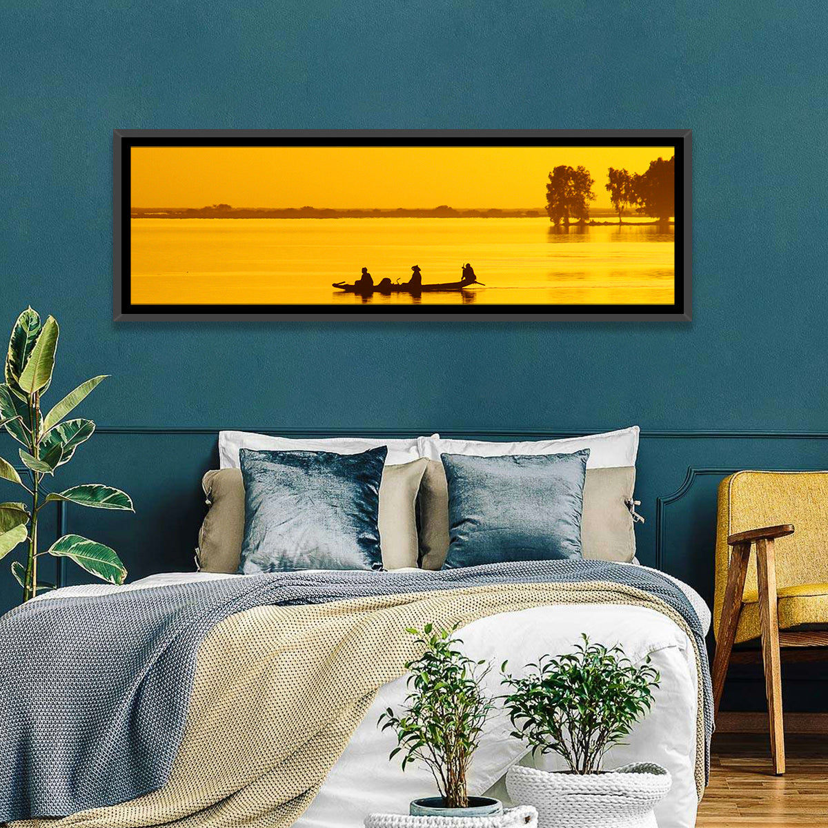 Pirogue at Golden Dusk Wall Art in a room, landscape