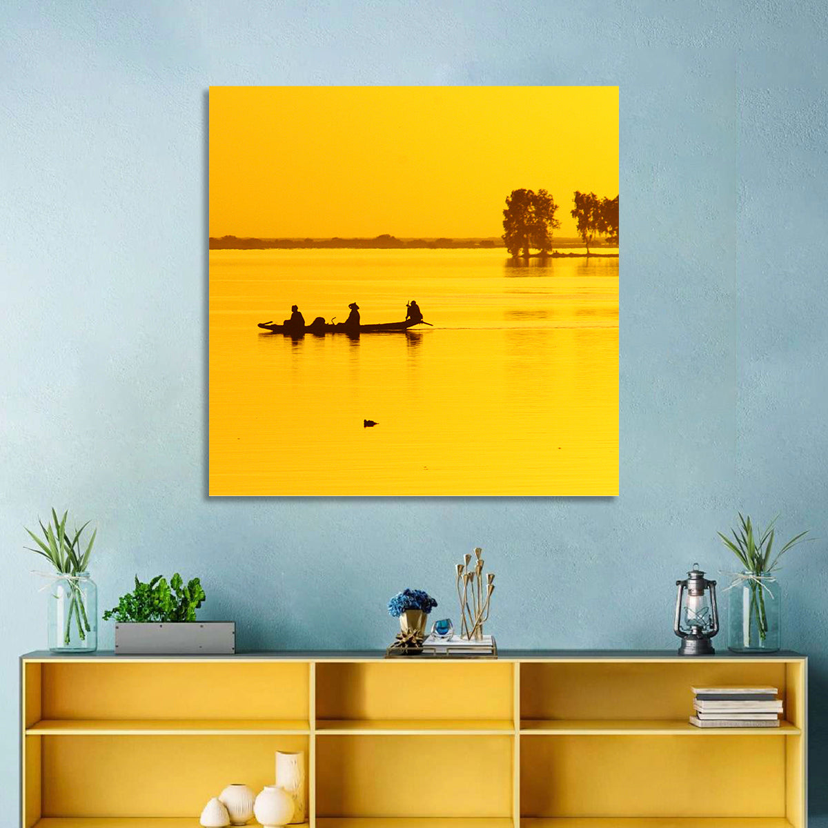 Pirogue at Golden Dusk Wall Art in a room, landscape