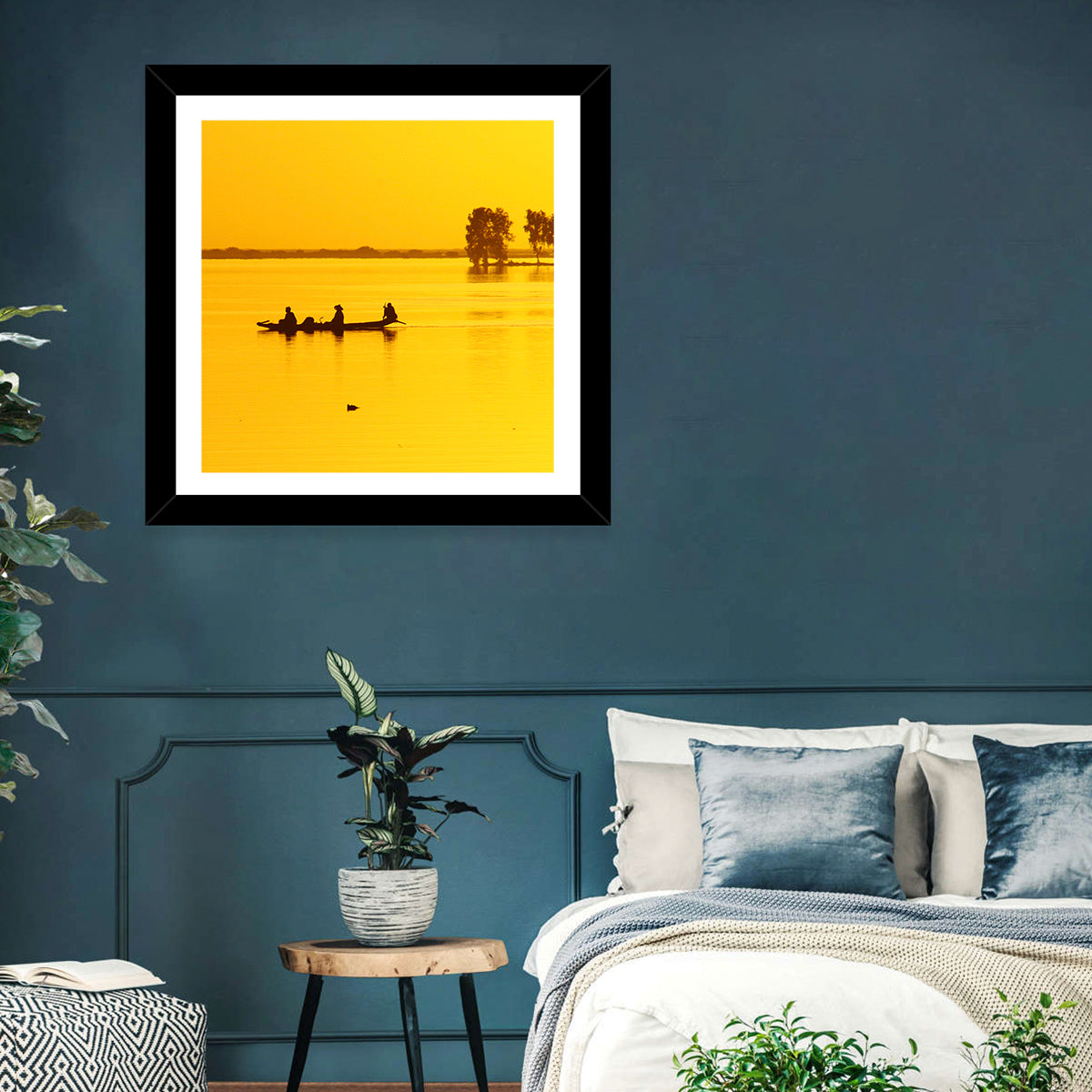 Pirogue at Golden Dusk Wall Art in a room, landscape