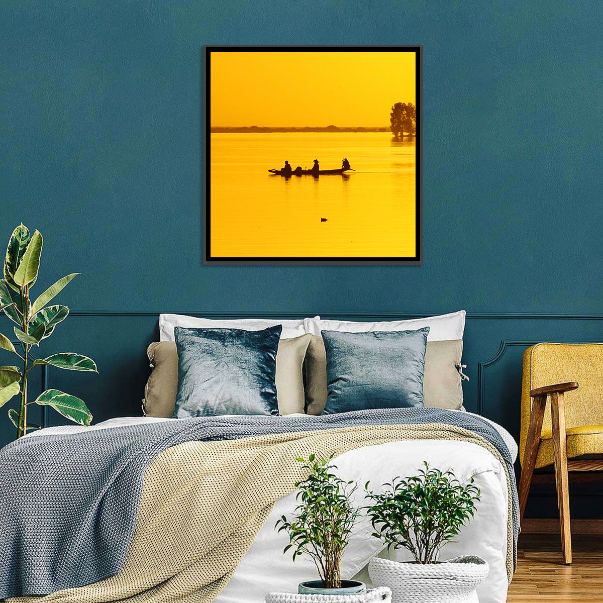Pirogue at Golden Dusk Wall Art in a room, landscape
