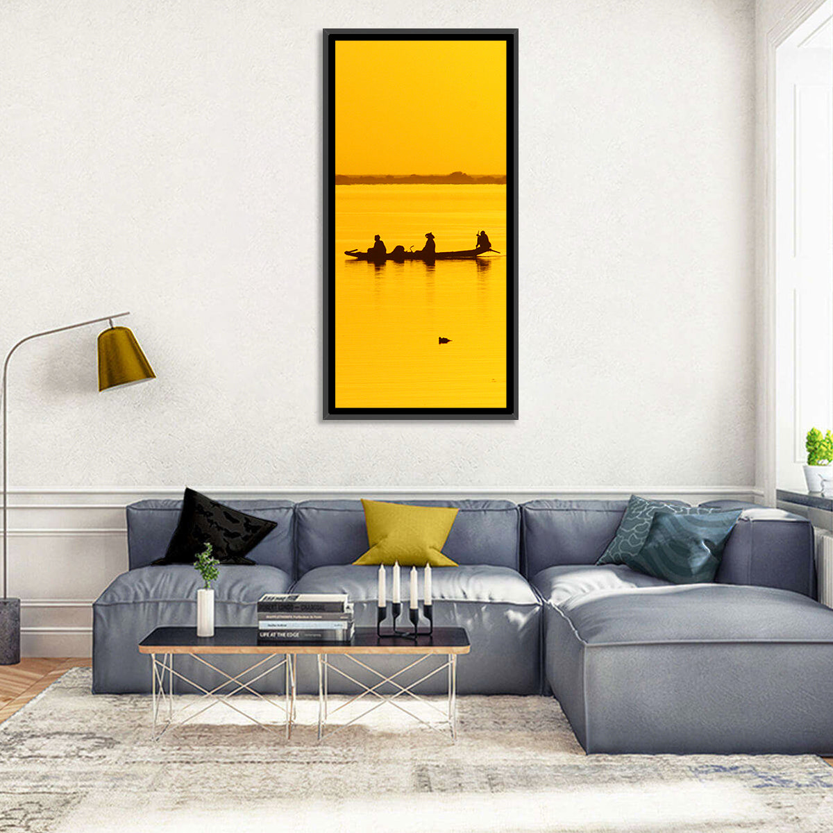Pirogue at Golden Dusk Wall Art in a room, landscape