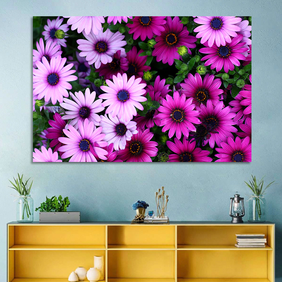 Pink and Purple Daisies Wall Art in a room, landscape