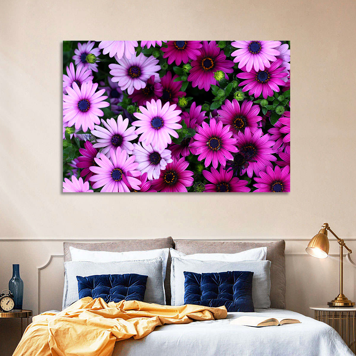 Pink and Purple Daisies Wall Art in a room, landscape