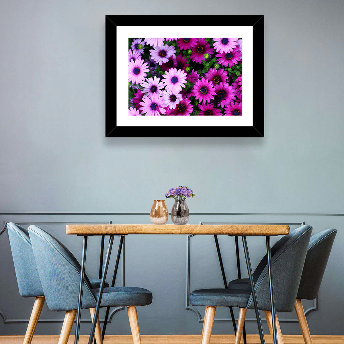 Pink and Purple Daisies Wall Art in a room, landscape