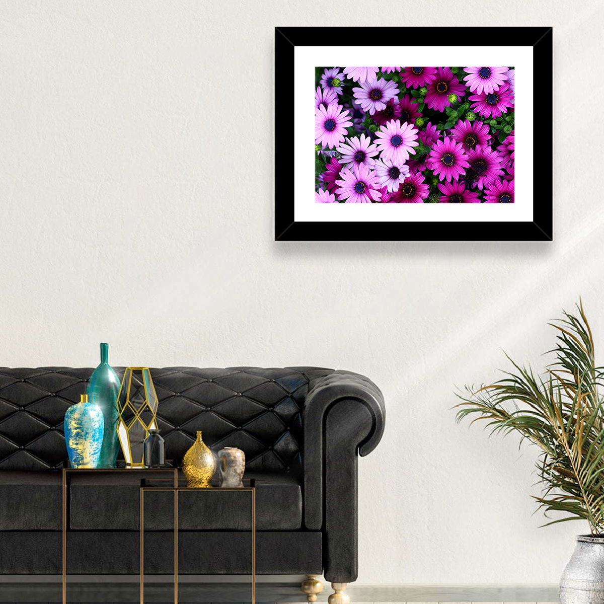 Pink and Purple Daisies Wall Art in a room, landscape