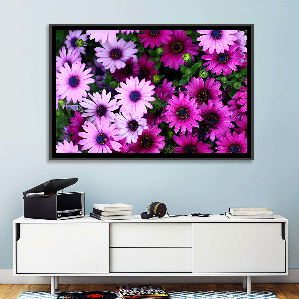 Pink and Purple Daisies Wall Art in a room, landscape