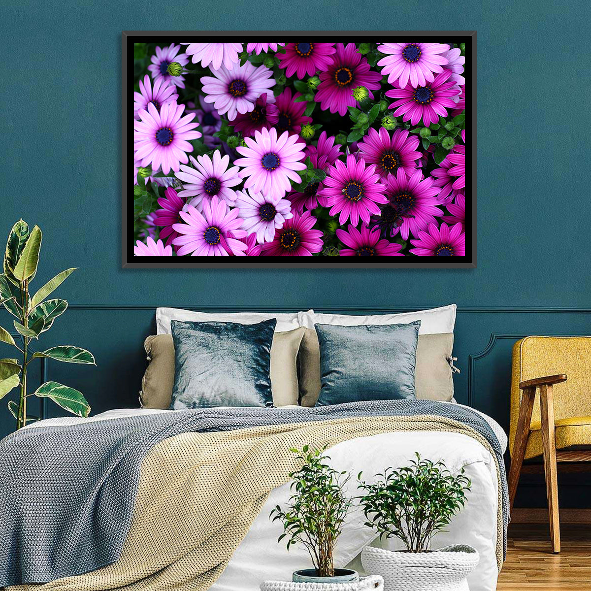 Pink and Purple Daisies Wall Art in a room, landscape
