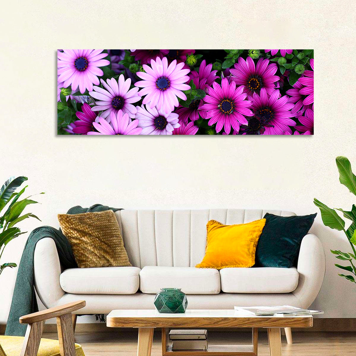 Pink and Purple Daisies Wall Art in a room, landscape