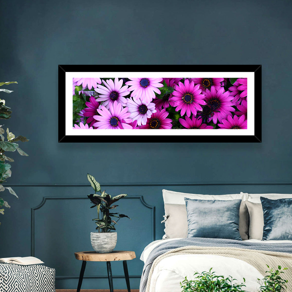 Pink and Purple Daisies Wall Art in a room, landscape