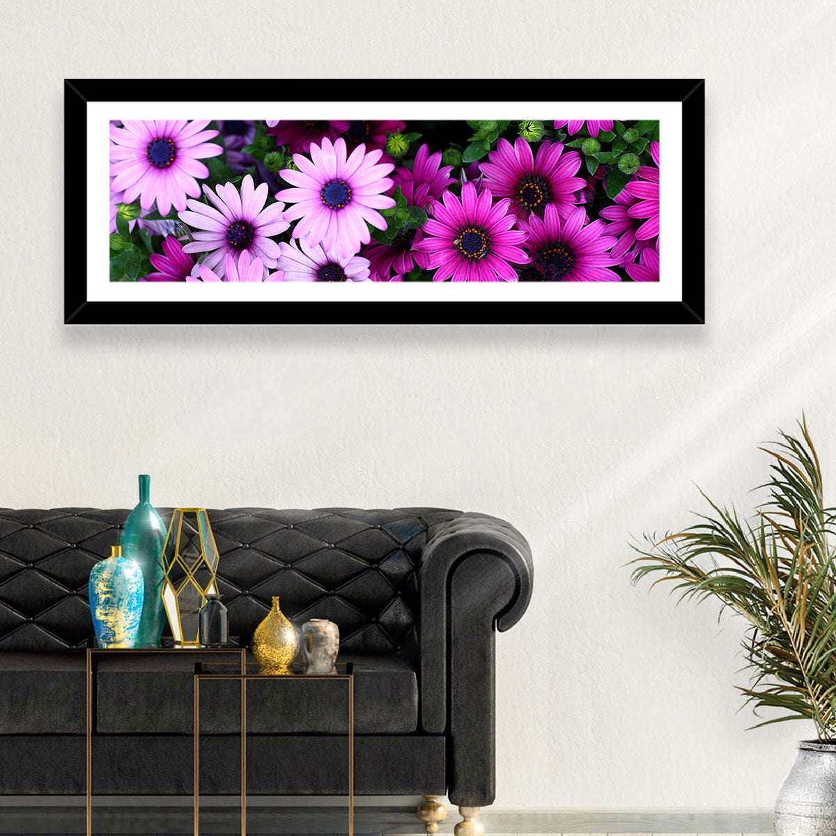 Pink and Purple Daisies Wall Art in a room, landscape