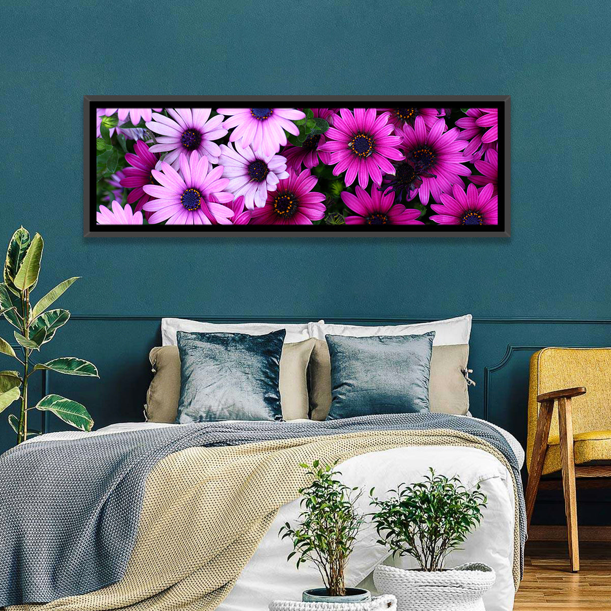 Pink and Purple Daisies Wall Art in a room, landscape