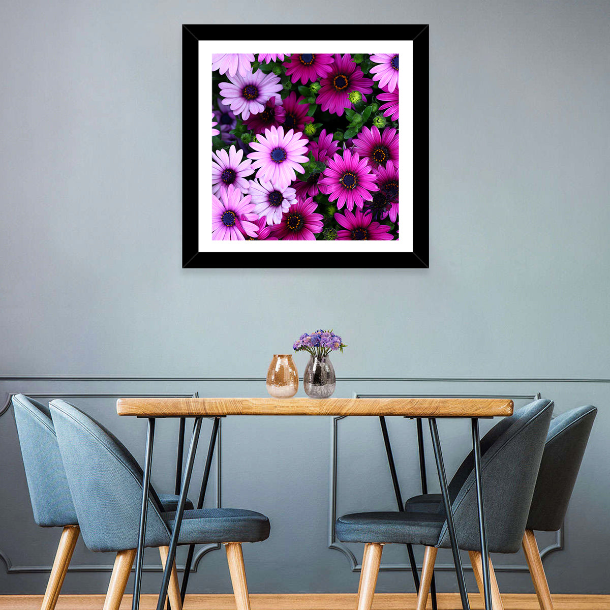 Pink and Purple Daisies Wall Art in a room, landscape