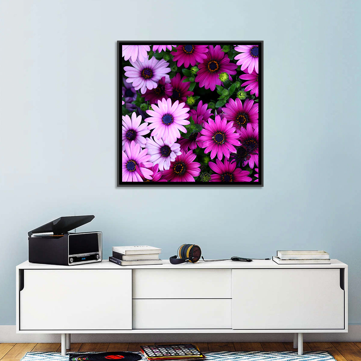 Pink and Purple Daisies Wall Art in a room, landscape