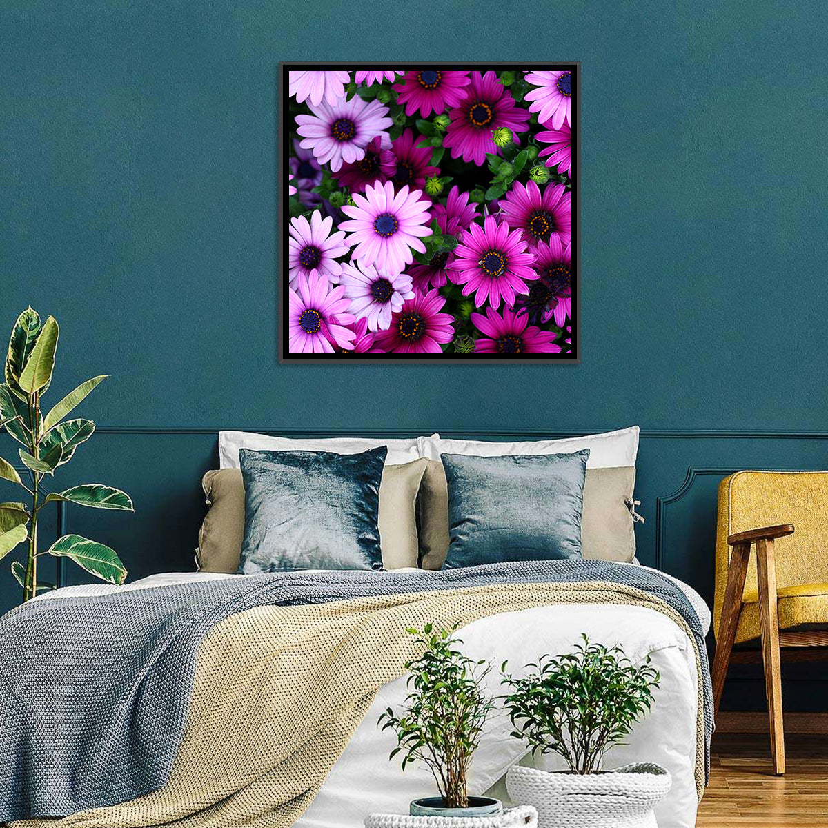 Pink and Purple Daisies Wall Art in a room, landscape