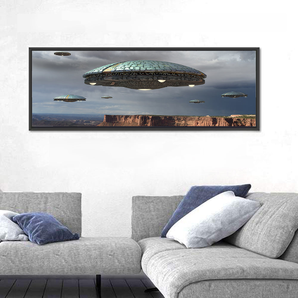 Ufos Over Stormy Canyon Wall Art in a room, panoramic