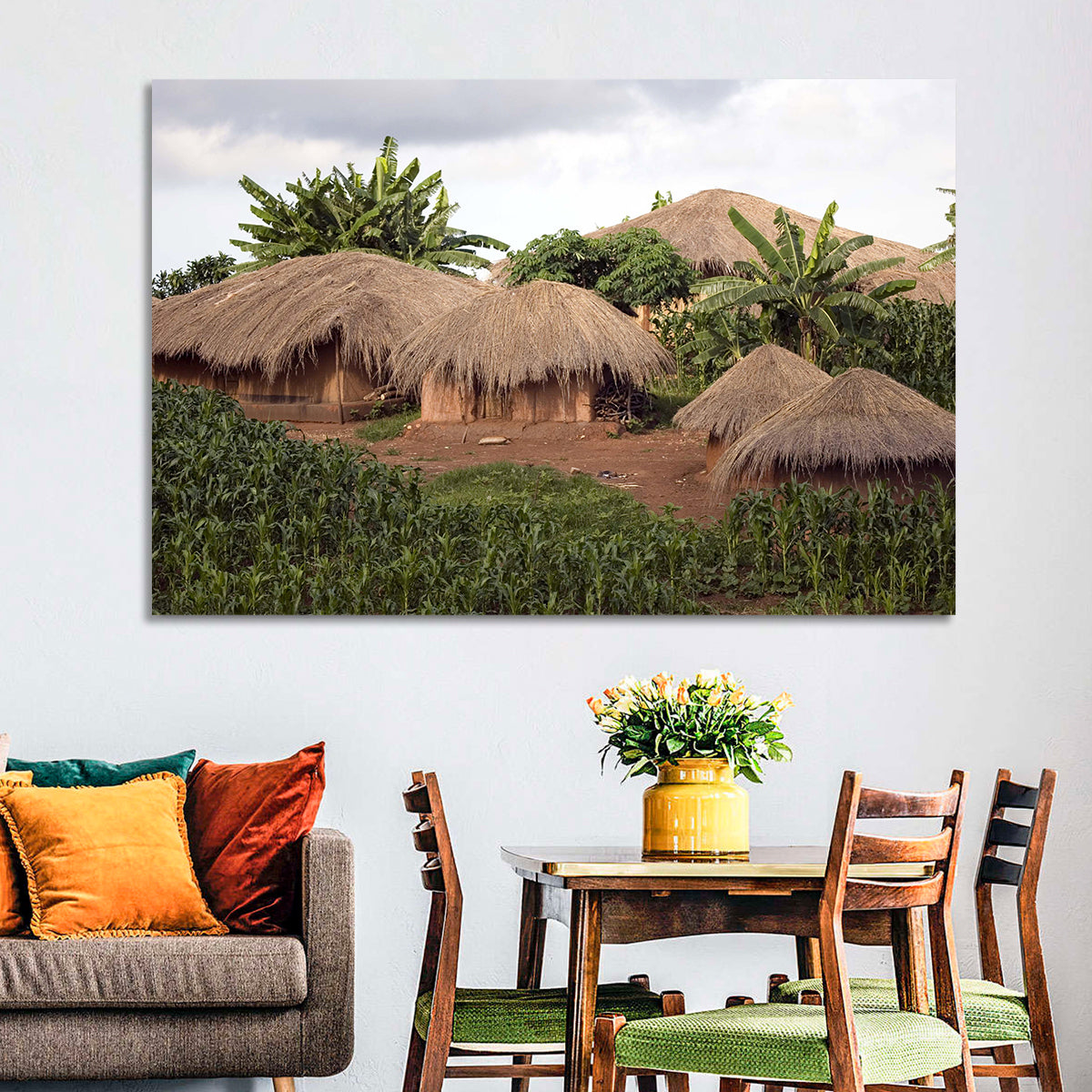 Thatched Roof Huts Wall Art in a room, landscape