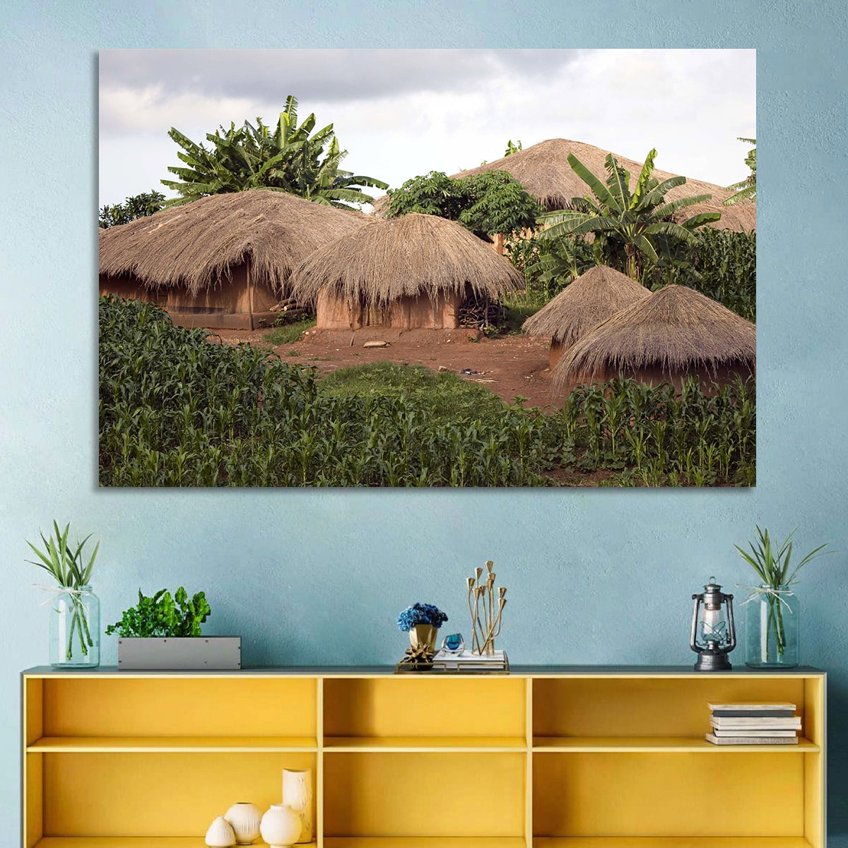 Thatched Roof Huts Wall Art in a room, landscape