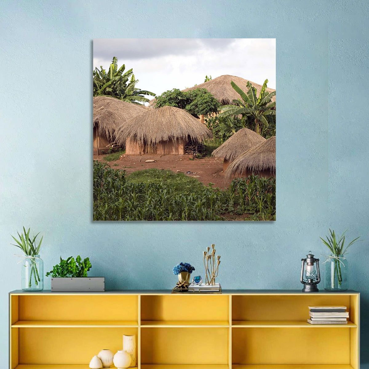 Thatched Roof Huts Wall Art in a room, landscape