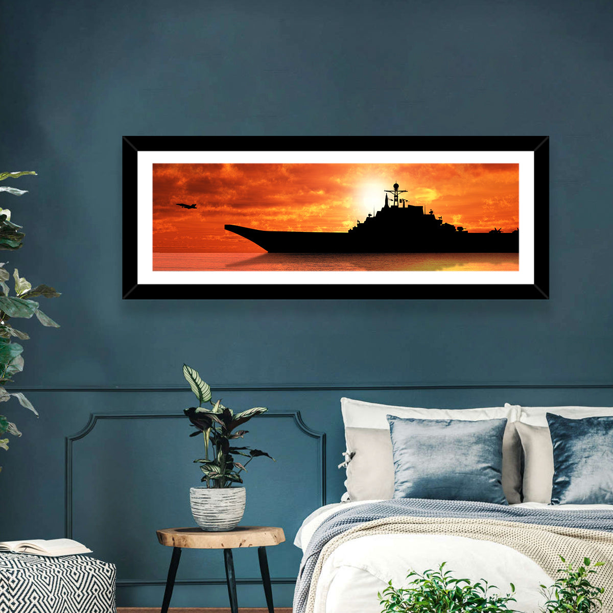 Sunset Aircraft Carrier Silhouette Wall Art in a room, panoramic