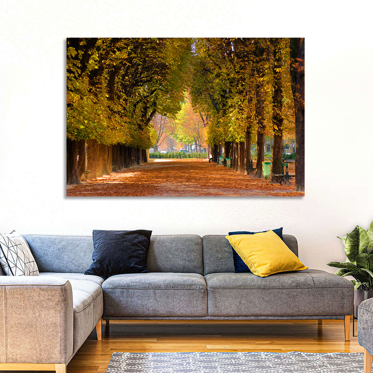 Golden Hour Autumn Path Wall Art in a room, landscape