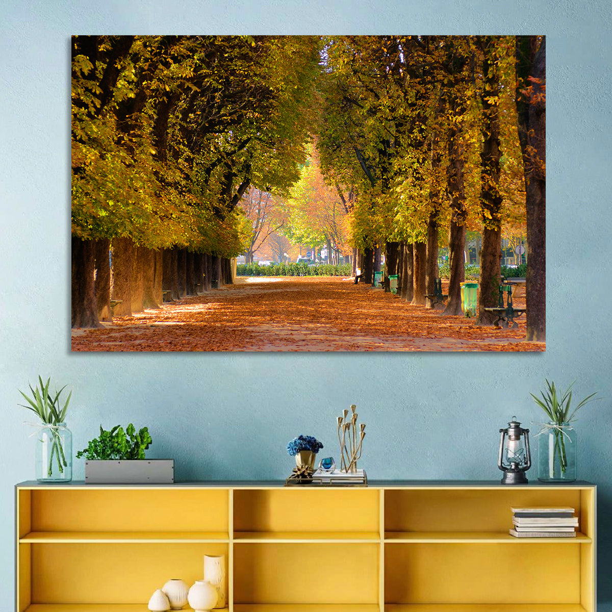 Golden Hour Autumn Path Wall Art in a room, landscape