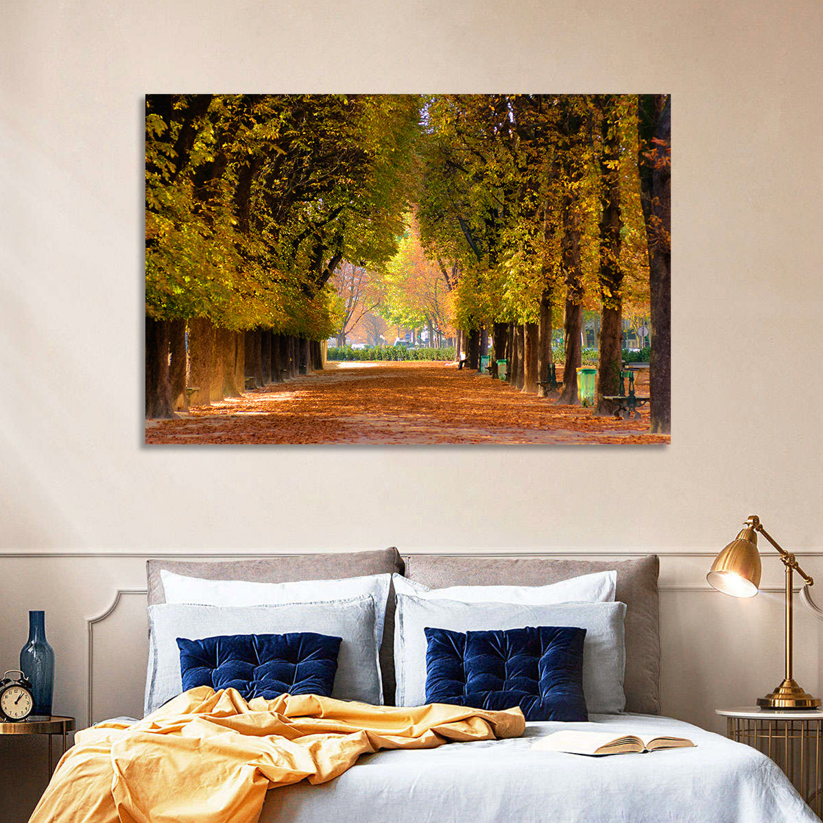 Golden Hour Autumn Path Wall Art in a room, landscape