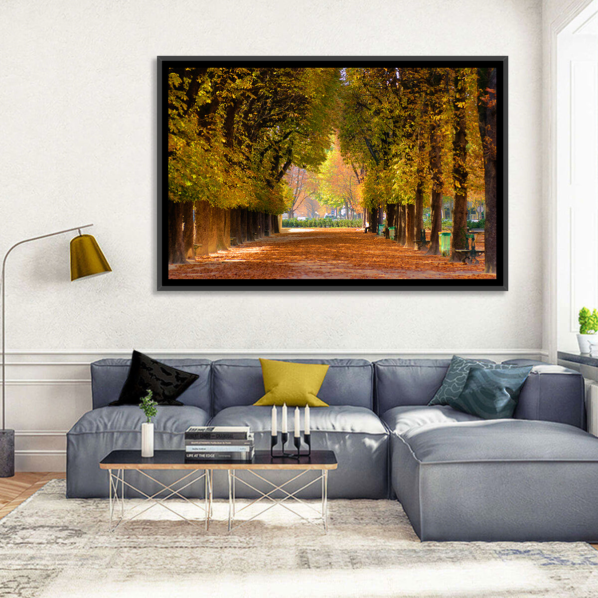 Golden Hour Autumn Path Wall Art in a room, landscape