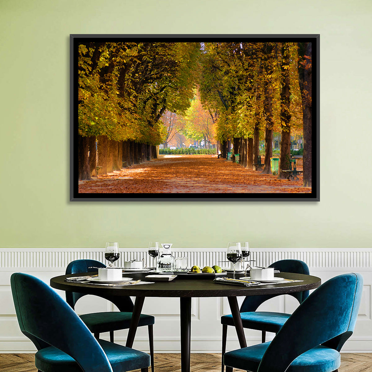 Golden Hour Autumn Path Wall Art in a room, landscape
