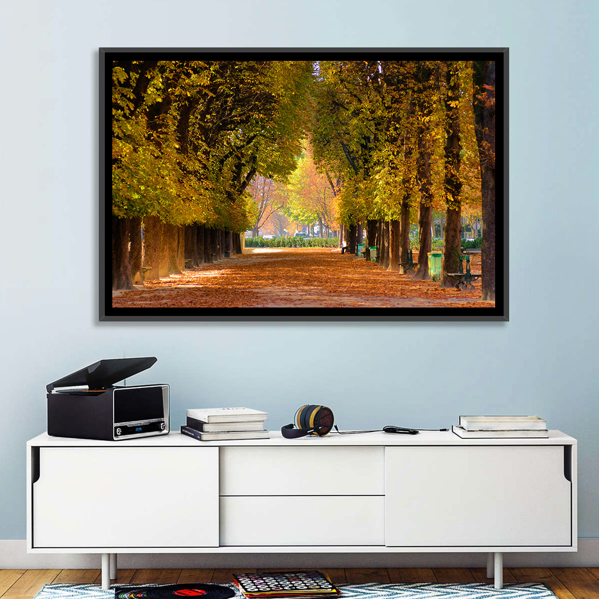 Golden Hour Autumn Path Wall Art in a room, landscape