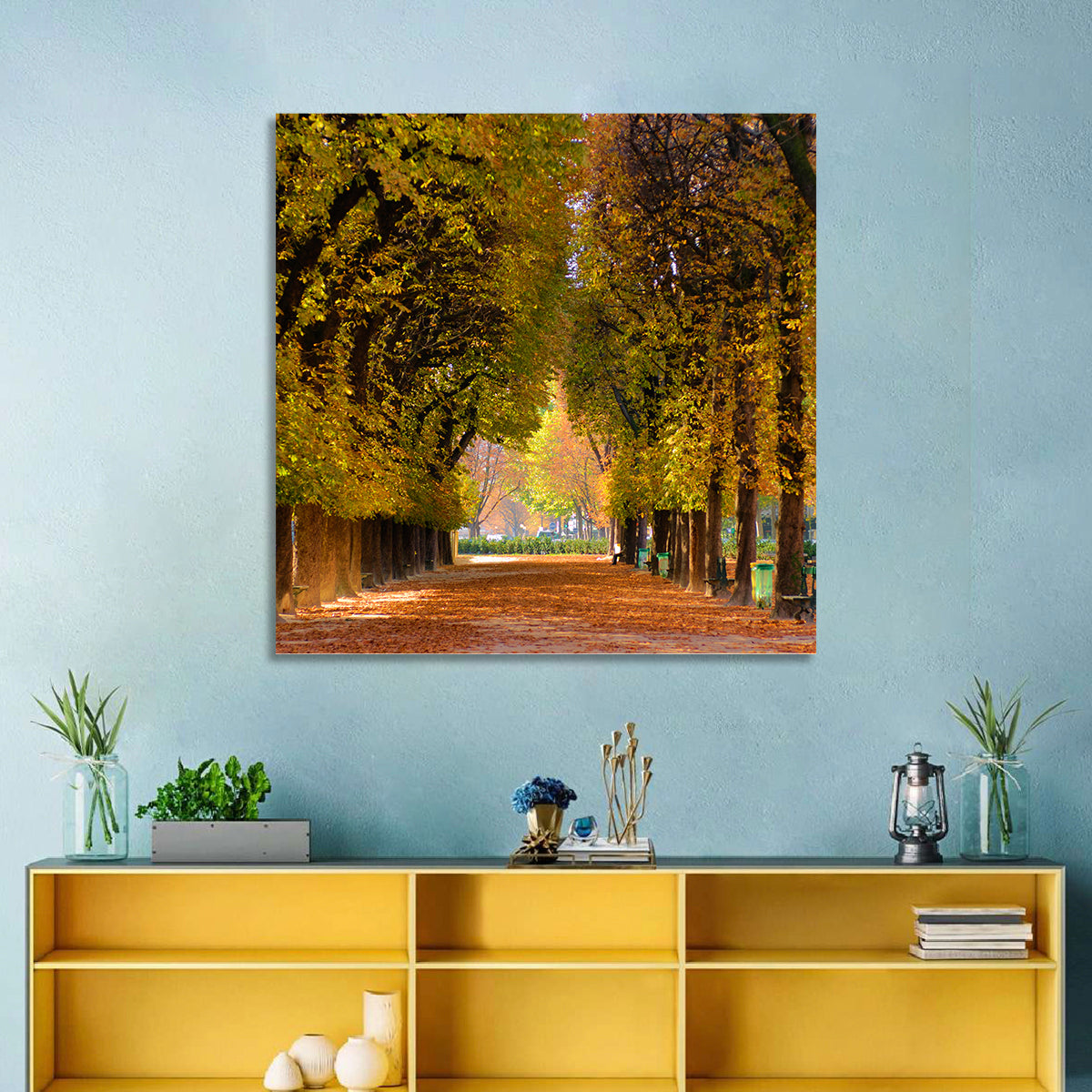 Golden Hour Autumn Path Wall Art in a room, landscape