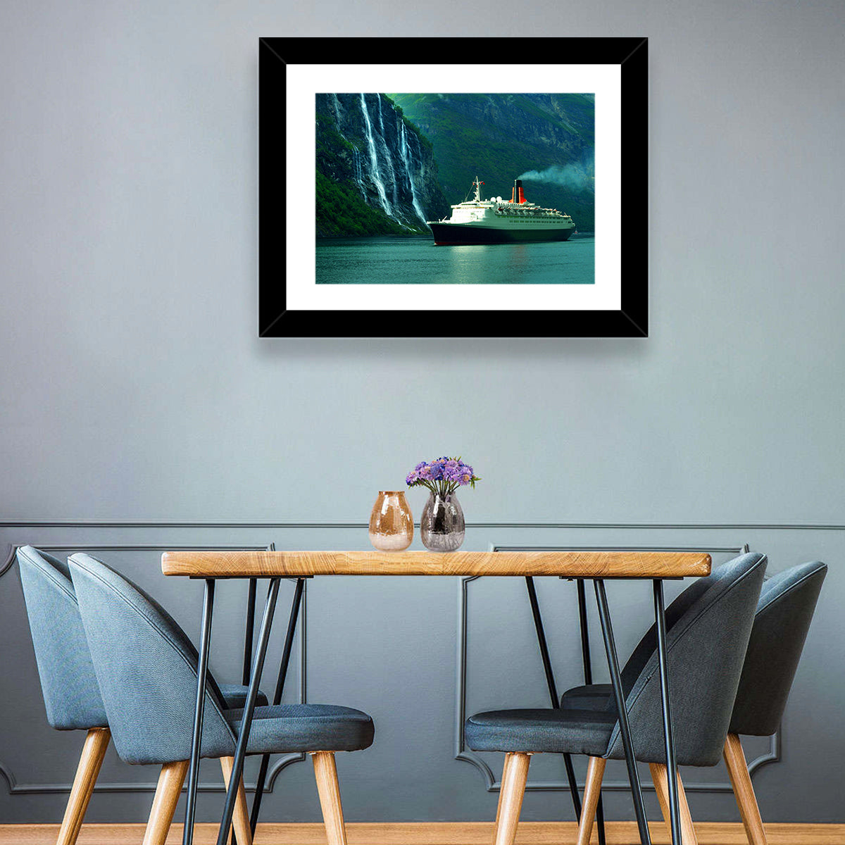 Cruise Ship at Geiranger Fjord Wall Art in a room, landscape