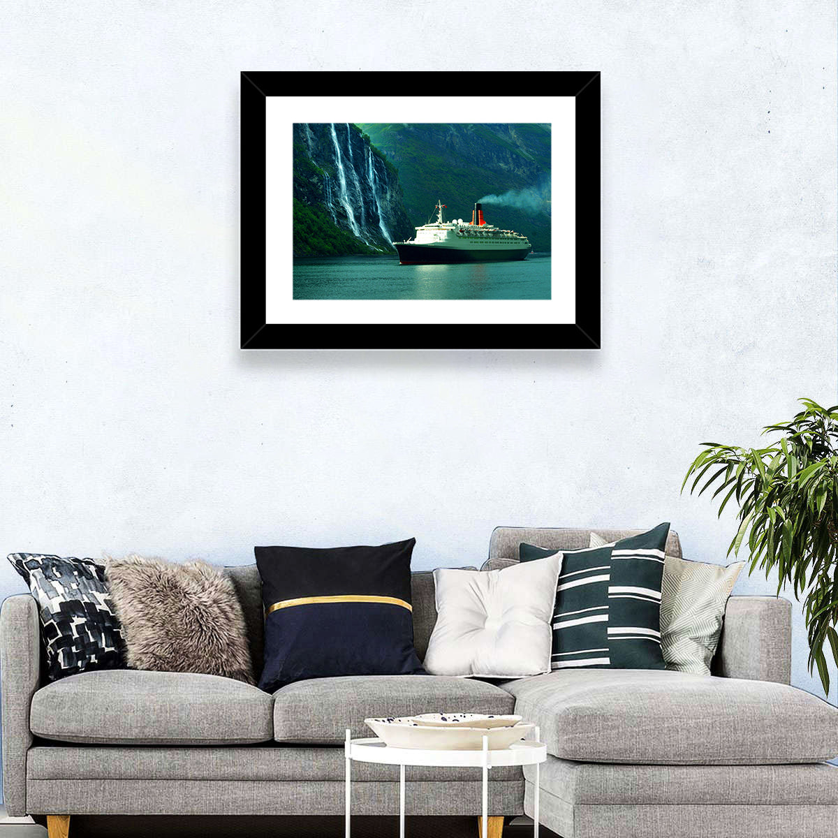 Cruise Ship at Geiranger Fjord Wall Art in a room, landscape