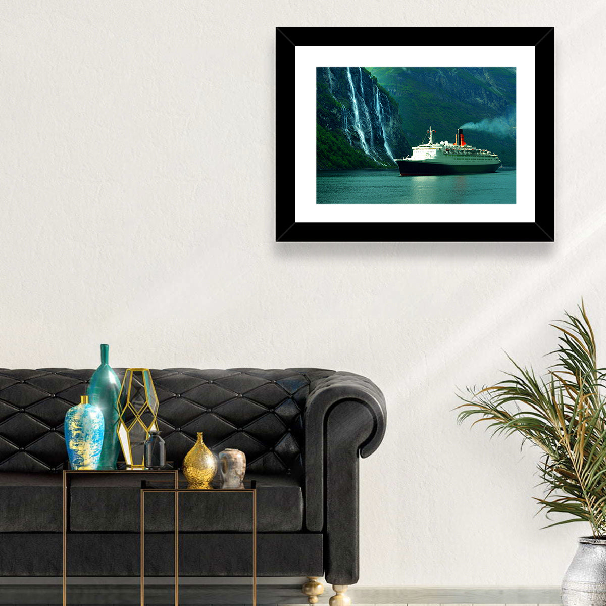 Cruise Ship at Geiranger Fjord Wall Art in a room, landscape